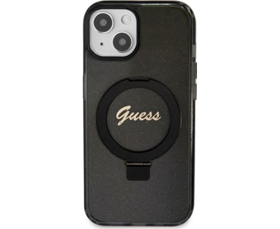 Guess GUHMP14SHRSGSK Hardcase Ring Stand Script Glitter MagSafe Aizsargapvalks priekš iPhone 14 / 15 / 13 6.1" / melns Neoriģinālie Maciņi