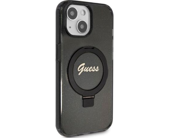 Guess GUHMP14SHRSGSK Hardcase Ring Stand Script Glitter MagSafe Aizsargapvalks priekš iPhone 14 / 15 / 13 6.1" / melns Neoriģinālie Maciņi