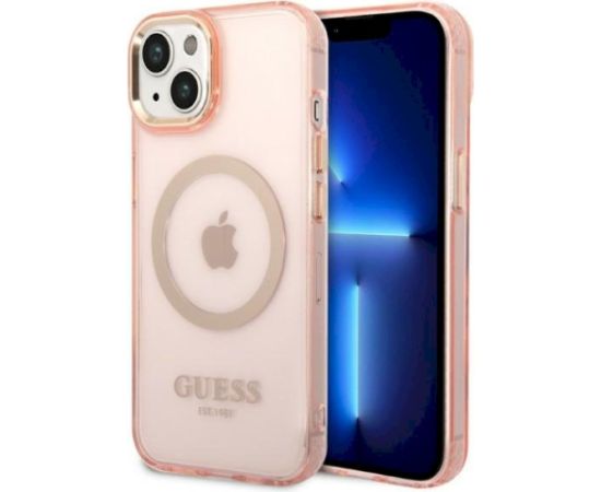 Guess GUHMP14SHTCMP Hardcase Gold Outline Translucent MagSafe Aizsargapvalks priekš iPhone 14 / 15 6.1" / rozā Neoriģinālie Maciņi