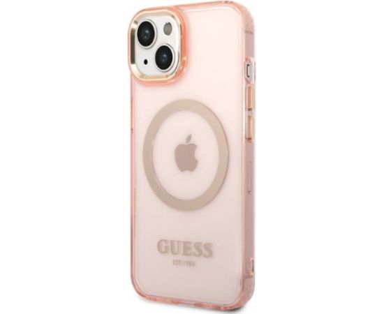 Guess GUHMP14SHTCMP Hardcase Gold Outline Translucent MagSafe Aizsargapvalks priekš iPhone 14 / 15 6.1" / rozā Neoriģinālie Maciņi