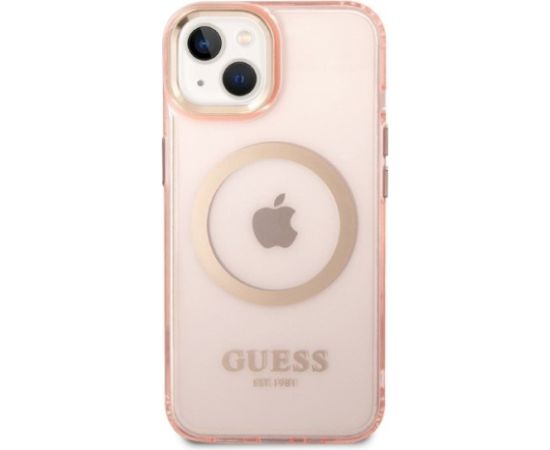 Guess GUHMP14SHTCMP Hardcase Gold Outline Translucent MagSafe Aizsargapvalks priekš iPhone 14 / 15 6.1" / rozā Neoriģinālie Maciņi