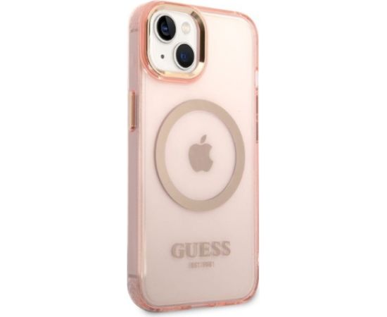 Guess GUHMP14SHTCMP Hardcase Gold Outline Translucent MagSafe Aizsargapvalks priekš iPhone 14 / 15 6.1" / rozā Neoriģinālie Maciņi