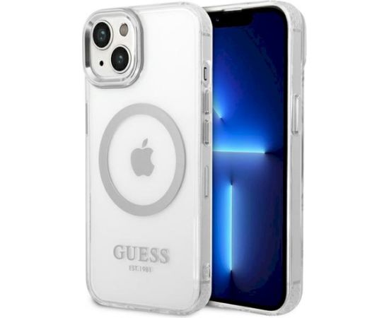 Guess GUHMP14MHTRMS Metal Outline Magsafe Aizsargapvalks priekš iPhone 14 Plus / 15 Plus 6.7" / sudrabs Neoriģinālie Maciņi