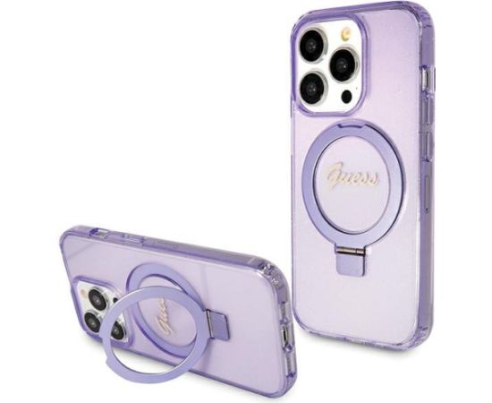 Guess GUHMP15LHRSGSU Hardcase Ring Stand Script Glitter MagSafe Aizsargapvalks priekš iPhone 15 Pro 6.1" / violets Neoriģinālie Maciņi