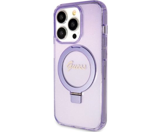 Guess GUHMP15LHRSGSU Hardcase Ring Stand Script Glitter MagSafe Aizsargapvalks priekš iPhone 15 Pro 6.1" / violets Neoriģinālie Maciņi