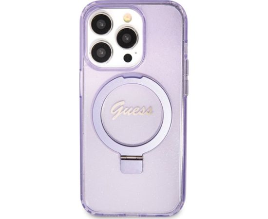 Guess GUHMP15LHRSGSU Hardcase Ring Stand Script Glitter MagSafe Aizsargapvalks priekš iPhone 15 Pro 6.1" / violets Neoriģinālie Maciņi