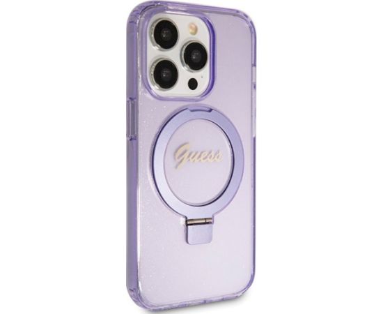 Guess GUHMP15LHRSGSU Hardcase Ring Stand Script Glitter MagSafe Aizsargapvalks priekš iPhone 15 Pro 6.1" / violets Neoriģinālie Maciņi