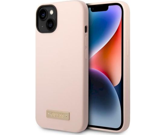 Guess GUHMP14MSBPLP Hardcase Silicone Logo Plate MagSafe Aizsargapvalks priekš iPhone 14 Plus/15 Plus 6.7" / rozā Neoriģinālie Maciņi