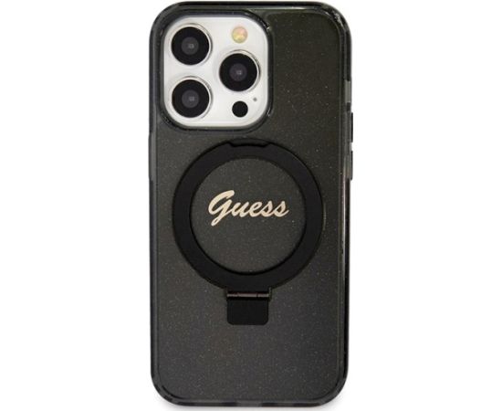Guess GUHMP15XHRSGSK Hardcase Ring Stand Script Glitter MagSafe Aizsargapvalks priekš iPhone 15 Pro Max 6.7" / melns Neoriģinālie Maciņi