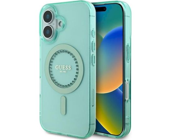 Guess GUHMP16MPFTDTEN Hardcase IML Rhinestones MagSafe Aizsargapvalks priekš iPhone 16 Plus 6.7" / zaļš Neoriģinālie Maciņi