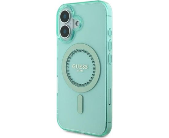 Guess GUHMP16MPFTDTEN Hardcase IML Rhinestones MagSafe Aizsargapvalks priekš iPhone 16 Plus 6.7" / zaļš Neoriģinālie Maciņi