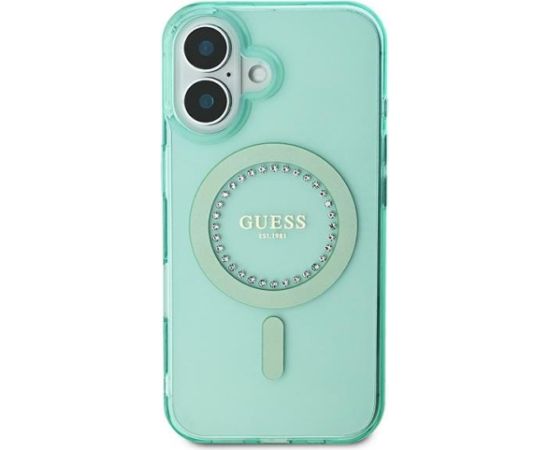 Guess GUHMP16MPFTDTEN Hardcase IML Rhinestones MagSafe Aizsargapvalks priekš iPhone 16 Plus 6.7" / zaļš Neoriģinālie Maciņi