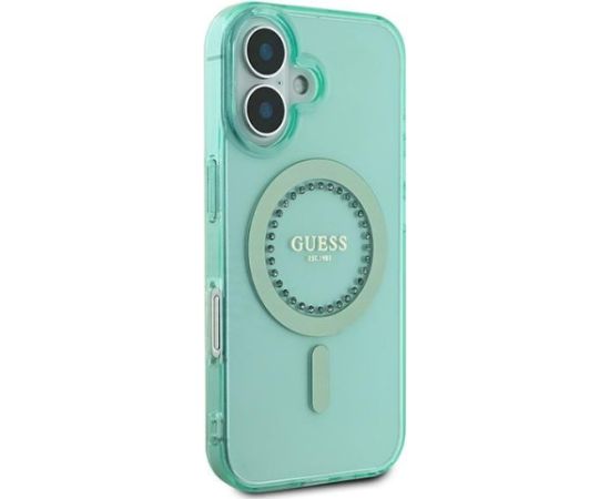 Guess GUHMP16MPFTDTEN Hardcase IML Rhinestones MagSafe Aizsargapvalks priekš iPhone 16 Plus 6.7" / zaļš Neoriģinālie Maciņi