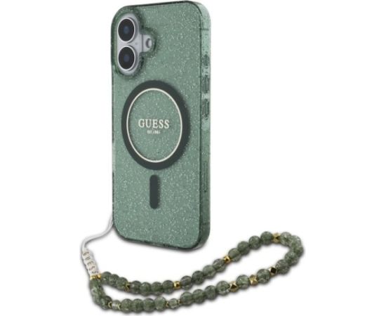 Guess GUHMP16MHGCRELSA Hardcase IML Glitter With Pearl Strap MagSafe Aizsargapvalks priekš iPhone 16 Plus 6.7" / zaļš Neoriģinālie Maciņi