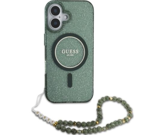 Guess GUHMP16MHGCRELSA Hardcase IML Glitter With Pearl Strap MagSafe Aizsargapvalks priekš iPhone 16 Plus 6.7" / zaļš Neoriģinālie Maciņi