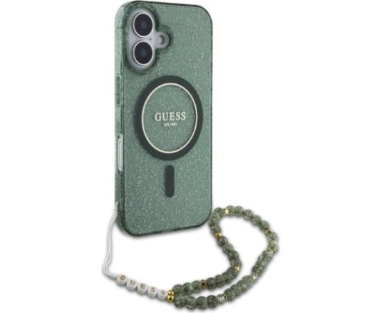Guess GUHMP16MHGCRELSA Hardcase IML Glitter With Pearl Strap MagSafe Aizsargapvalks priekš iPhone 16 Plus 6.7" / zaļš Neoriģinālie Maciņi