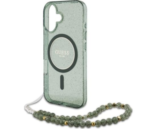 Guess GUHMP16MHGCRELSA Hardcase IML Glitter With Pearl Strap MagSafe Aizsargapvalks priekš iPhone 16 Plus 6.7" / zaļš Neoriģinālie Maciņi