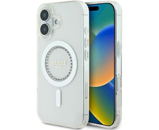 Guess GUHMP16MPFTDTEH Hardcase IML Rhinestones MagSafe Aizsargapvalks priekš iPhone 16 Plus 6.7" / balts Neoriģinālie Maciņi