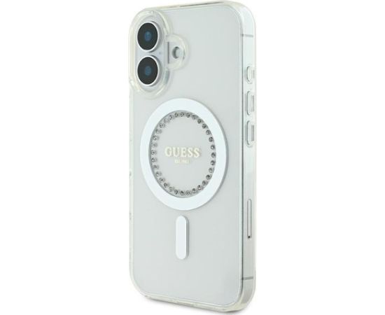 Guess GUHMP16MPFTDTEH Hardcase IML Rhinestones MagSafe Aizsargapvalks priekš iPhone 16 Plus 6.7" / balts Neoriģinālie Maciņi