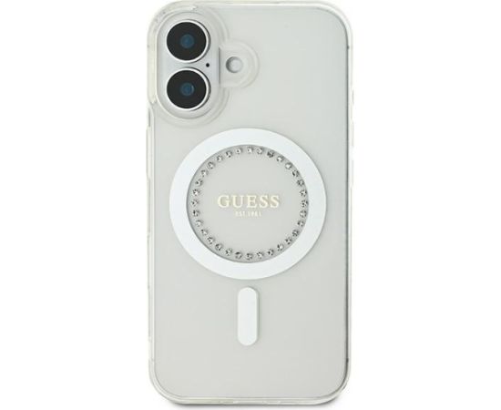 Guess GUHMP16MPFTDTEH Hardcase IML Rhinestones MagSafe Aizsargapvalks priekš iPhone 16 Plus 6.7" / balts Neoriģinālie Maciņi