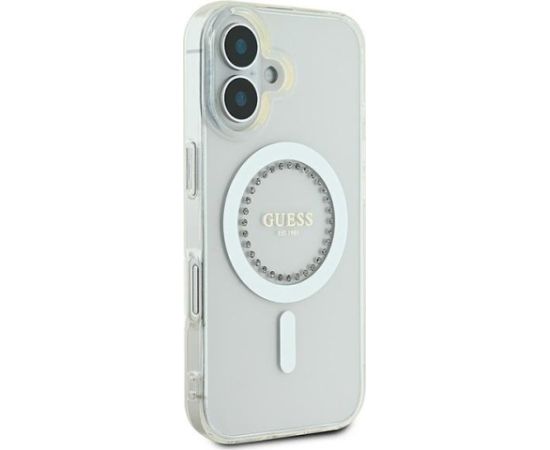 Guess GUHMP16MPFTDTEH Hardcase IML Rhinestones MagSafe Aizsargapvalks priekš iPhone 16 Plus 6.7" / balts Neoriģinālie Maciņi