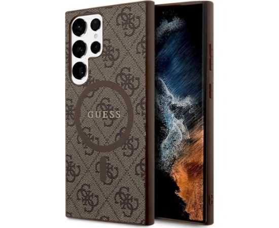 Guess GUHMS24LG4GFRW Hardcase 4G Collection Leather Metal Logo MagSafe Aizsargapvalks priekš Samsung Galaxy S24 Ultra S928 / brūns Neoriģinālie Maciņi