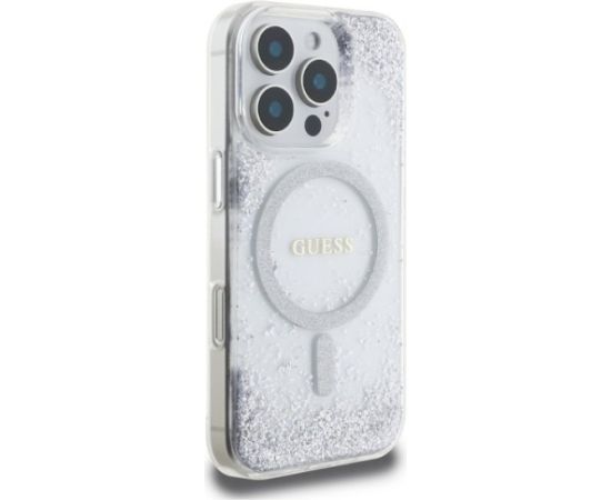 Guess GUHMP16LRGRGES Resin Gradient Glitter MagSafe Aizsargapvalks priekš iPhone 16 Pro 6.3" / sudraba Neoriģinālie Maciņi