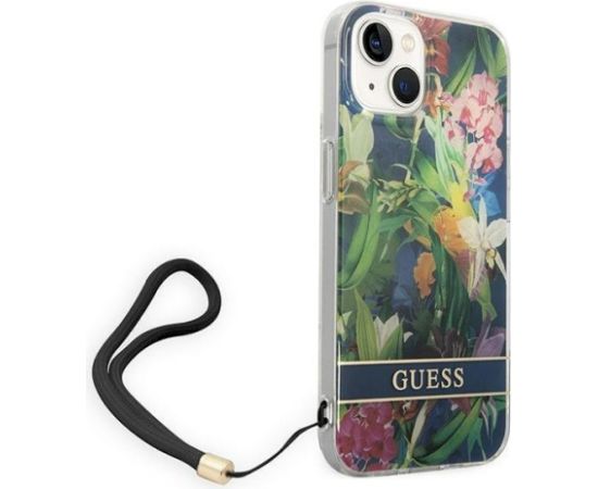 Guess GUOHCP14MHFLSB Flower Strap Aizsargapvalks priekš iPhone 14 Plus / 15 Plus 6.7" / zils Neoriģinālie Maciņi