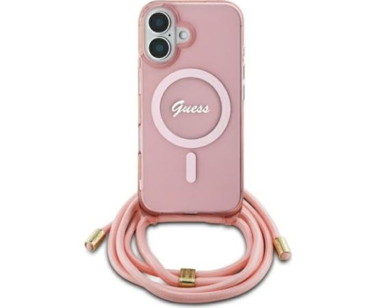 Guess GUHMP16SHCTSGNSP Hardcase Crossbody Cord Script MagSafe Aizsargapvalks priekš iPhone 16 6.1" / rozā Neoriģinālie Maciņi