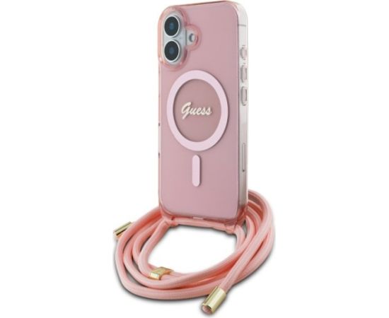 Guess GUHMP16SHCTSGNSP Hardcase Crossbody Cord Script MagSafe Aizsargapvalks priekš iPhone 16 6.1" / rozā Neoriģinālie Maciņi