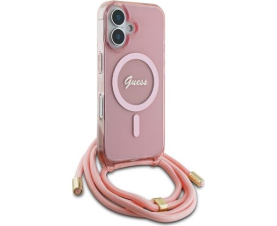 Guess GUHMP16SHCTSGNSP Hardcase Crossbody Cord Script MagSafe Aizsargapvalks priekš iPhone 16 6.1" / rozā Neoriģinālie Maciņi