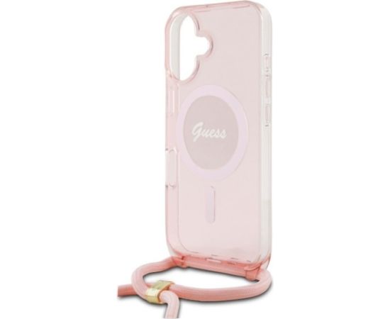 Guess GUHMP16SHCTSGNSP Hardcase Crossbody Cord Script MagSafe Aizsargapvalks priekš iPhone 16 6.1" / rozā Neoriģinālie Maciņi