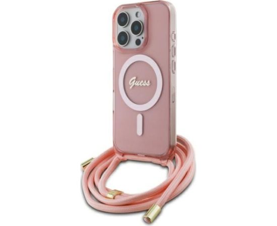 Guess GUHMP16XHCTSGNSP Crossbody Cord Script MagSafe Aizsargapvalks priekš iPhone 16 Pro Max 6.9" / rozā Neoriģinālie Maciņi
