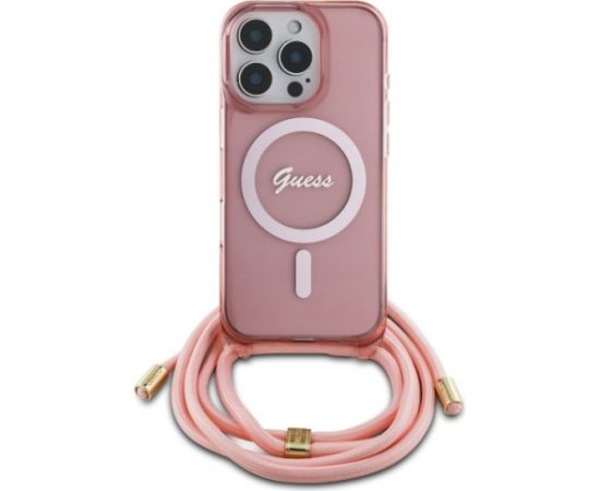 Guess GUHMP16XHCTSGNSP Crossbody Cord Script MagSafe Aizsargapvalks priekš iPhone 16 Pro Max 6.9" / rozā Neoriģinālie Maciņi