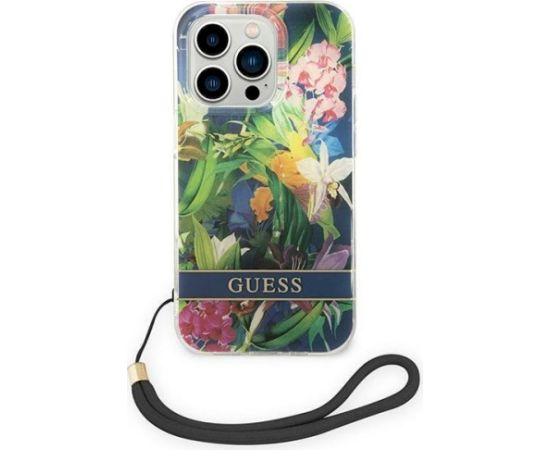 Guess GUOHCP14LHFLSB Flower Strap Aizsargapvalks priekš iPhone 14 Pro 6,1" / zils Neoriģinālie Maciņi