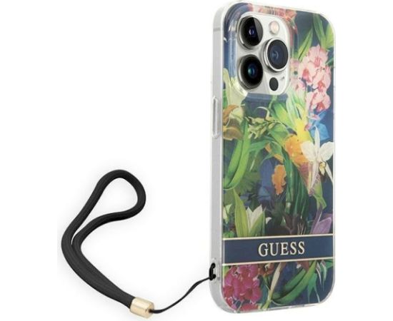 Guess GUOHCP14LHFLSB Flower Strap Aizsargapvalks priekš iPhone 14 Pro 6,1" / zils Neoriģinālie Maciņi