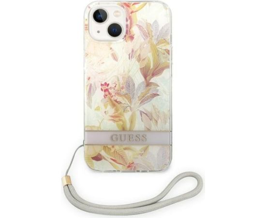 Guess GUOHCP14MHFLSU Flower Strap Aizsargapvalks priekš iPhone 14 Plus / 15 Plus 6.7" / violets Neoriģinālie Maciņi