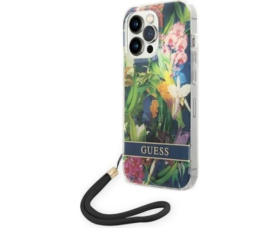 Guess GUOHCP14XHFLSB Flower Strap Aizsargapvalks priekš iPhone 14 Pro Max 6,7" / zils Neoriģinālie Maciņi