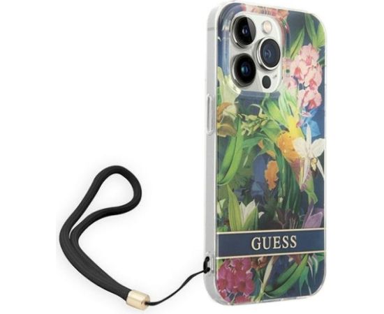Guess GUOHCP14XHFLSB Flower Strap Aizsargapvalks priekš iPhone 14 Pro Max 6,7" / zils Neoriģinālie Maciņi