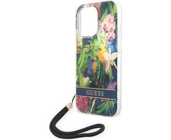 Guess GUOHCP14XHFLSB Flower Strap Aizsargapvalks priekš iPhone 14 Pro Max 6,7" / zils Neoriģinālie Maciņi