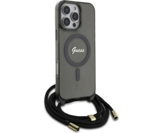 Guess GUHMP16XHCTSGNSK Crossbody Cord Script MagSafe Aizsargapvalks priekš iPhone 16 Pro Max 6.9" / melns Neoriģinālie Maciņi