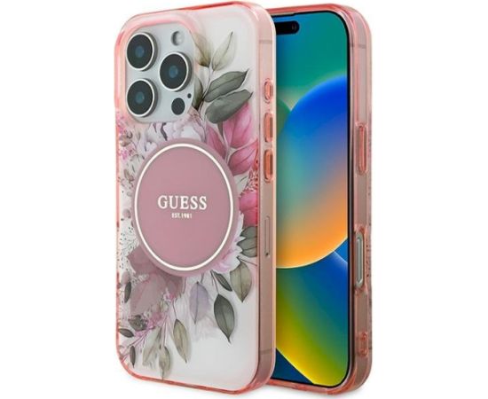 Guess GUHMP16XHFWBDCEP Hardcase IML Flower & Tonal Circle MagSafe Aizsargapvalks priekš iPhone 16 Pro Max 6.9" / rozā Neoriģinālie Maciņi