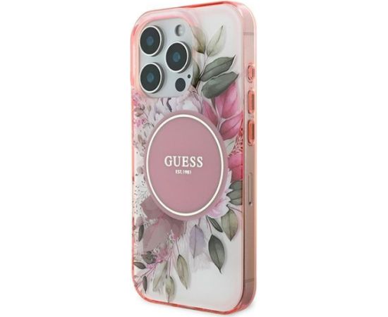 Guess GUHMP16XHFWBDCEP Hardcase IML Flower & Tonal Circle MagSafe Aizsargapvalks priekš iPhone 16 Pro Max 6.9" / rozā Neoriģinālie Maciņi