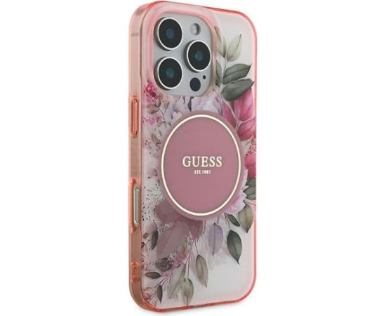Guess GUHMP16XHFWBDCEP Hardcase IML Flower & Tonal Circle MagSafe Aizsargapvalks priekš iPhone 16 Pro Max 6.9" / rozā Neoriģinālie Maciņi