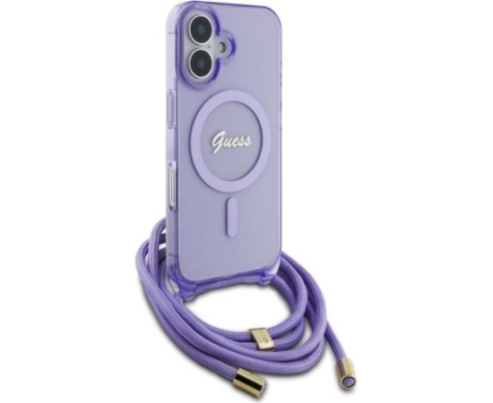 Guess GUHMP16SHCTSGNSU Crossbody Cord Script MagSafe Aizsargapvalks priekš iPhone 16 6.1" / violets Neoriģinālie Maciņi