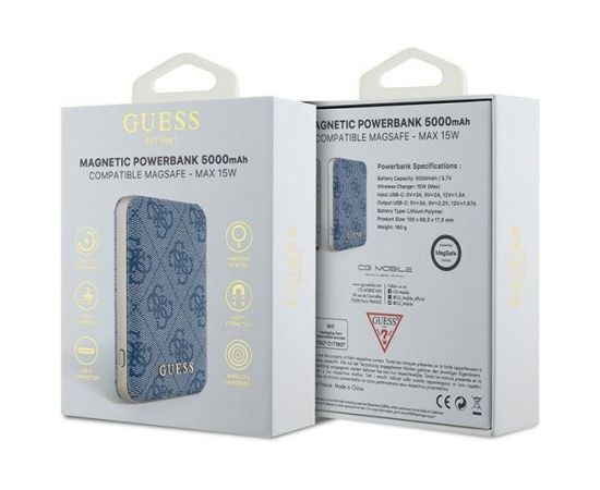 Guess Induction Powerbank 15WGUPB5FP4EMGB Uzlādes akumulators 5000mAh / zils 4G Leather Metal Logo MagSafe Power Banks