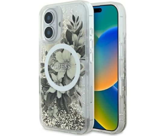Guess GUHMP16SLFMWTE Liquid Glitter Flower MagSafe Aizsargapvalks priekš iPhone 16 6.1" / bēšs Neoriģinālie Maciņi