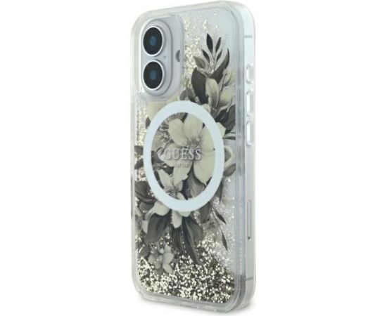 Guess GUHMP16SLFMWTE Liquid Glitter Flower MagSafe Aizsargapvalks priekš iPhone 16 6.1" / bēšs Neoriģinālie Maciņi