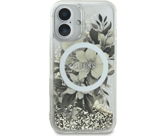 Guess GUHMP16SLFMWTE Liquid Glitter Flower MagSafe Aizsargapvalks priekš iPhone 16 6.1" / bēšs Neoriģinālie Maciņi