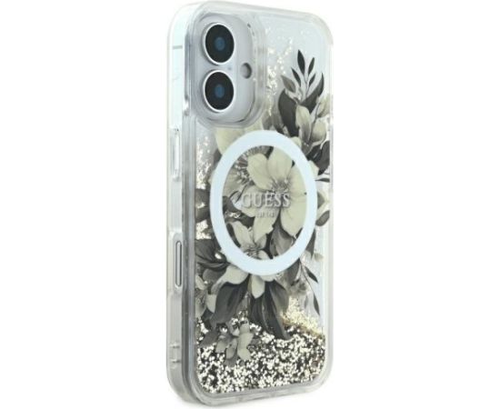 Guess GUHMP16SLFMWTE Liquid Glitter Flower MagSafe Aizsargapvalks priekš iPhone 16 6.1" / bēšs Neoriģinālie Maciņi